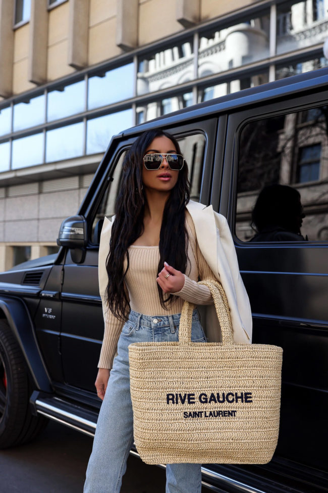 fashion blogger mia mia mine wearing a crochet saint laurent tote from nordstrom