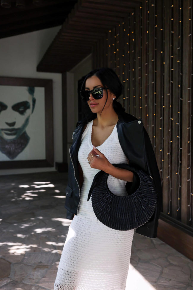 fashion blogger mia mia mine wearing a white crochet dress by scoop