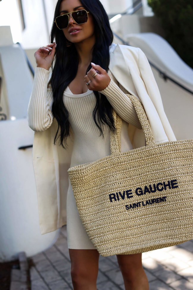 fashion blogger mia mia mine wearing a saint laurent crochet tote bag from nordstrom for summer