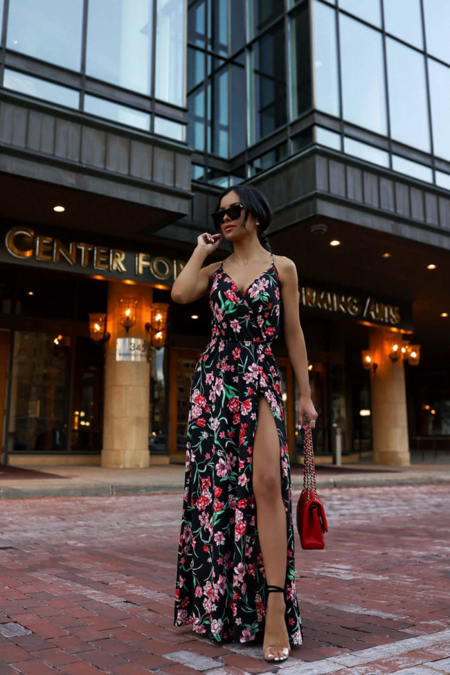 fashion blogger mia mia mine wearing an affordable floral dress from walmart