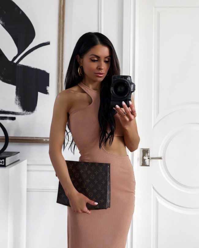 fashion blogger mia mia mine wearing a cutout dress from abercrombie on sale now