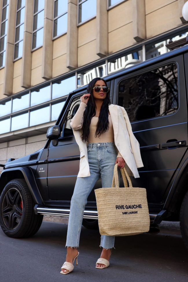 fashion blogger wearing an ivory blazer and knit top from nordstrom