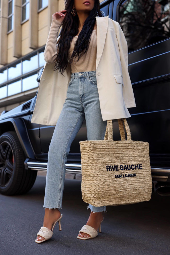 fashion blogger mia mia mine wearing a saint laurent crochet tote from nordstrom for summer 2022