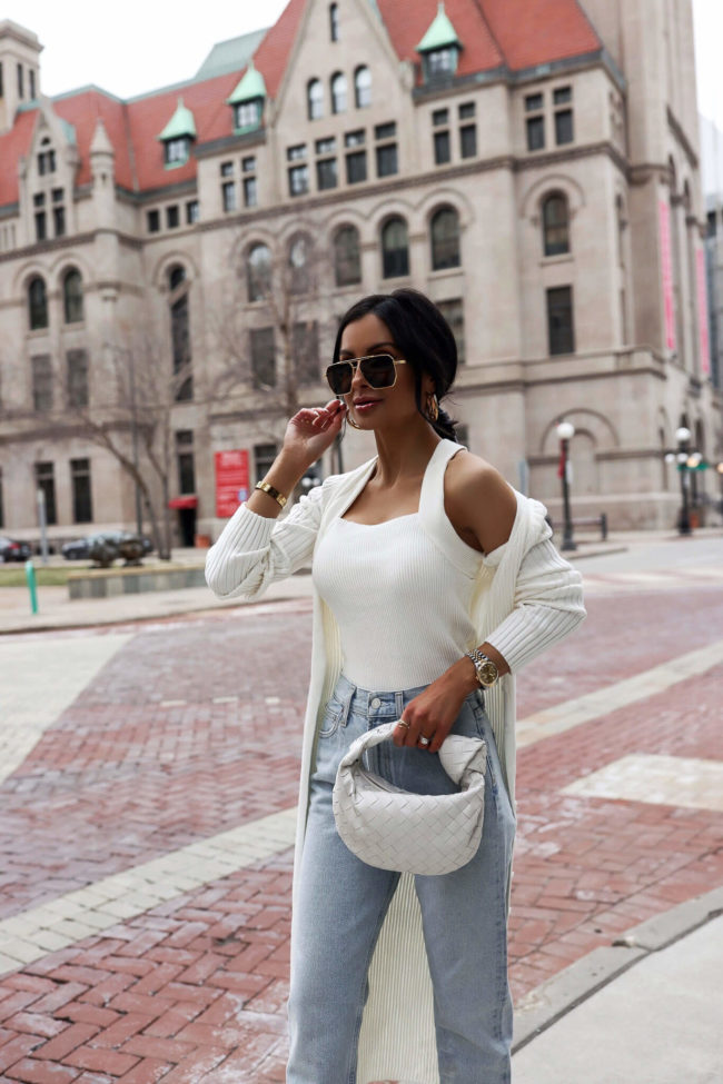 fashion blogger mia mia mine wearing a white knit ribbed set from revolve