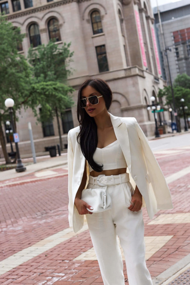 fashion blogger mia mia mine wearing a white summer set from express