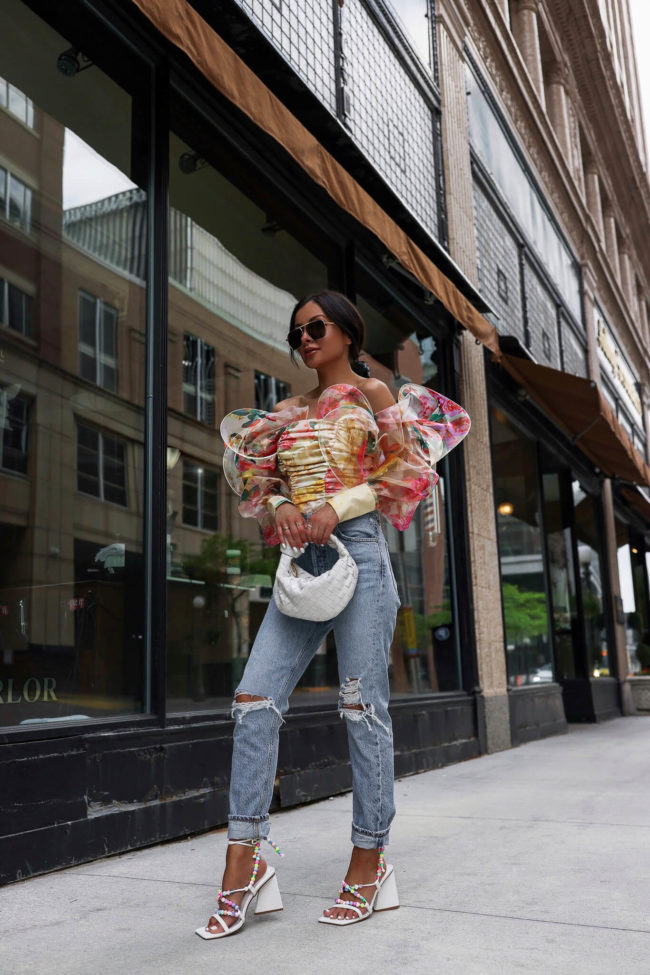 fashion blogger mia mia mine wearing a floral statement top from asos