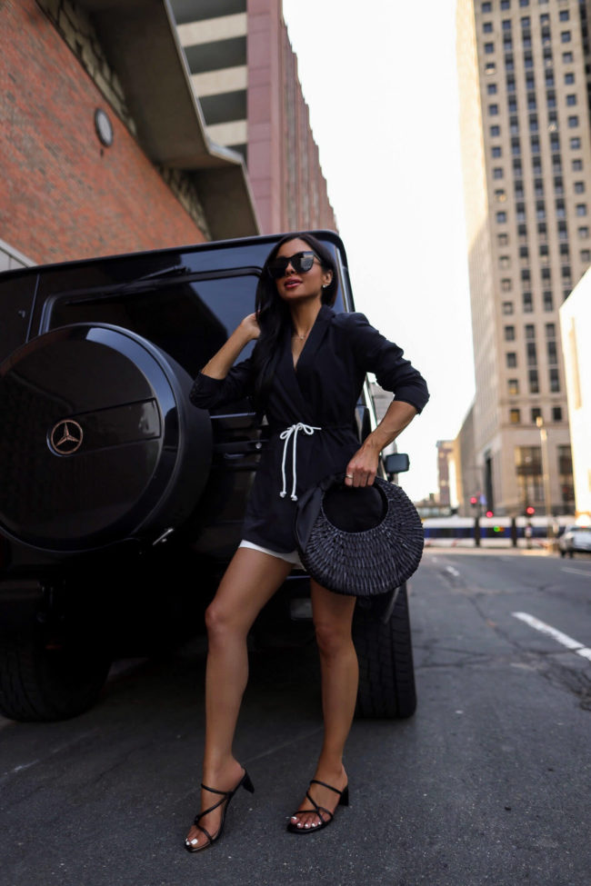 fashion blogger mia mia mine wearing a black linen blazer from walmart