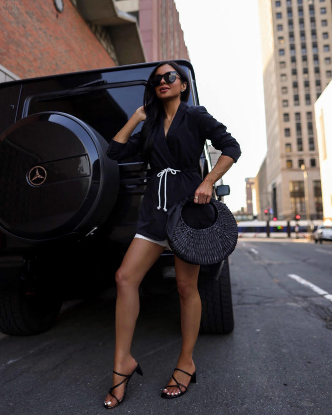 fashion blogger mia mia mine wearing a black linen blazer from walmart