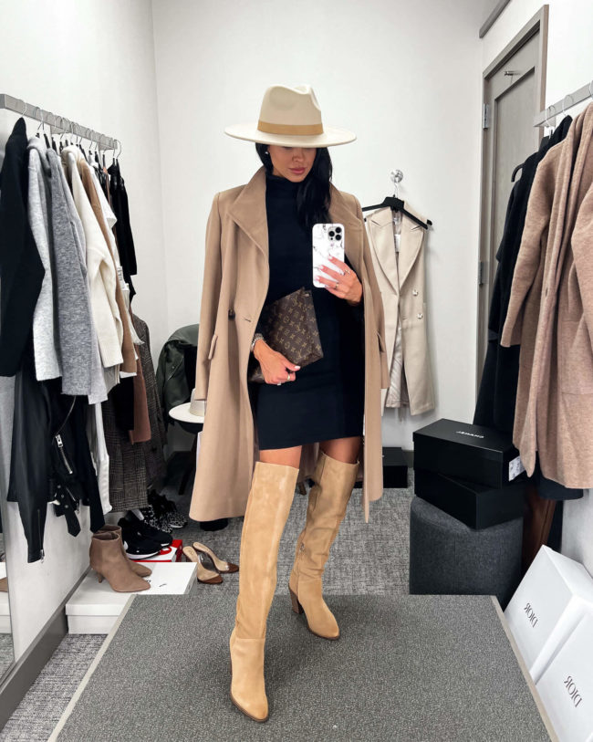 fashion blogger mia mia mine wearing a camel coat from the nordstrom anniversary sale 2022