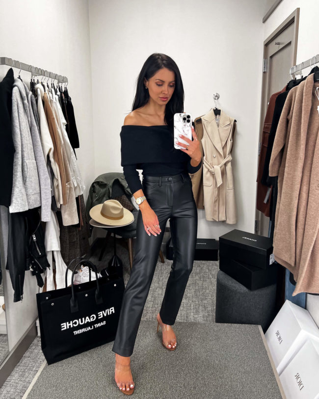 fashion blogger mia mia mine wearing faux leather pants from the nsale 2022