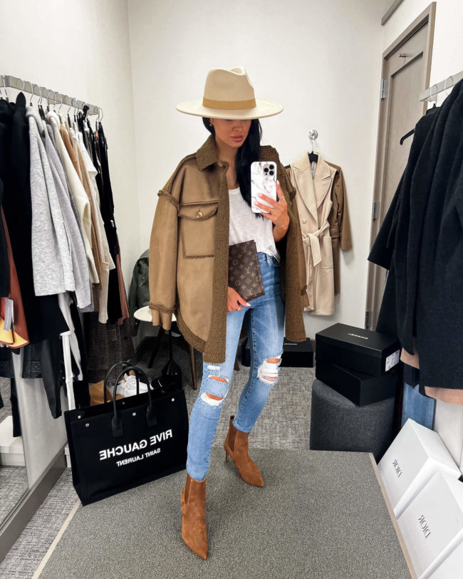 fashion blogger mia mia mine wearing a shearling shacket from the nsale 2022