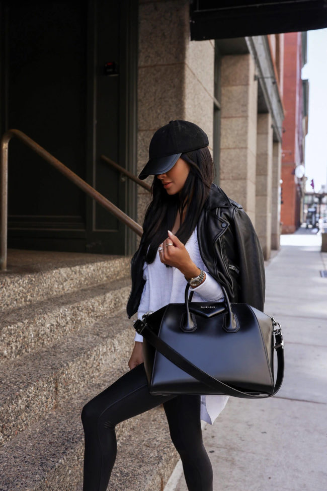 fashion blogger mia mia mine wearing an allsaints leather jacket and spanx leggings from the nsale 2022