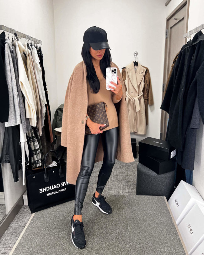fashion blogger wearing a camel coat by vince from the nordstrom anniversary sale 2022