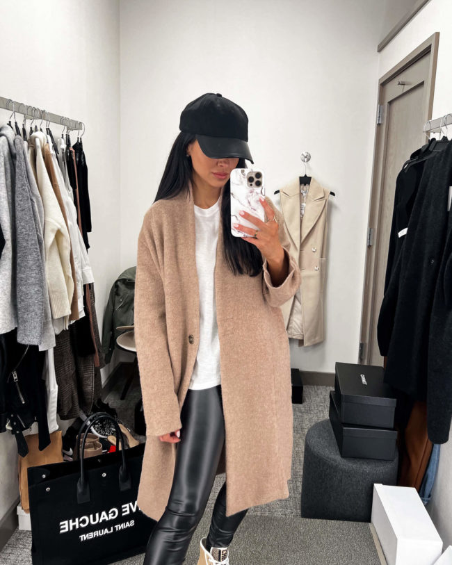 fashion blogger mia mia mine wearing a camel coatigan from the nsale 2022