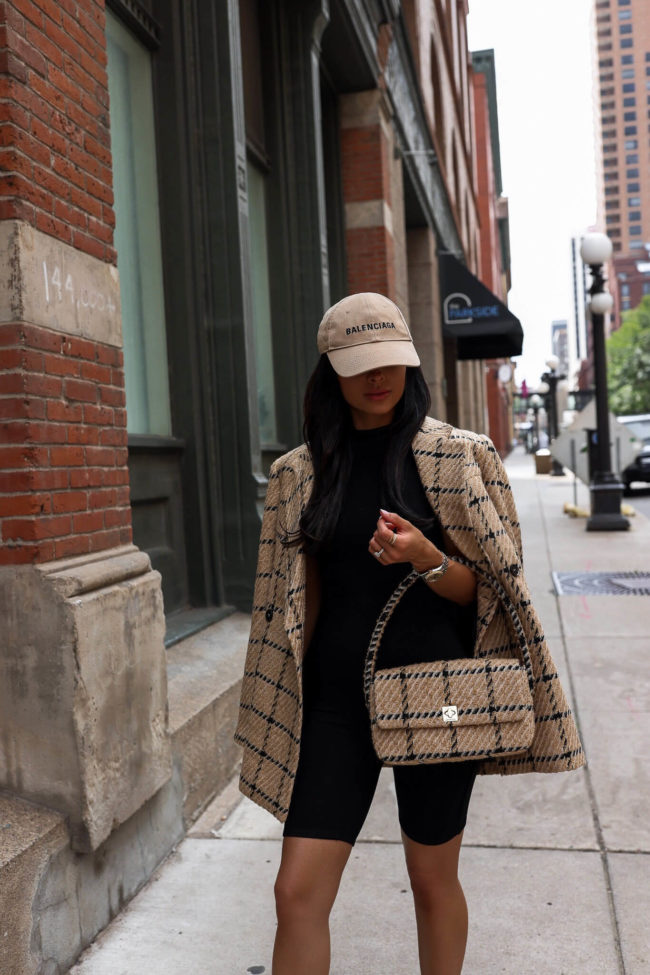fashion blogger mia mia mine wearing a camel tweed bag by anine bing