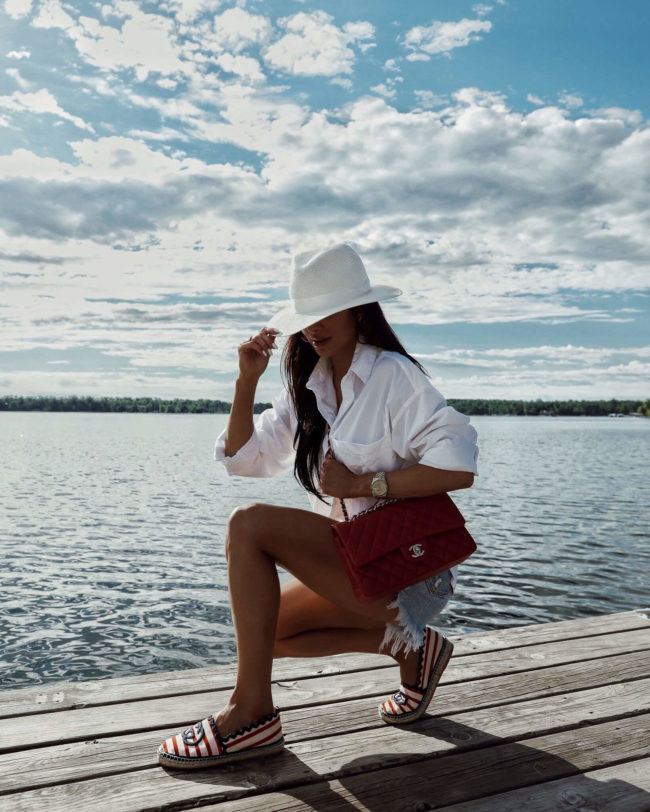 fashion blogger mia mia mine wearing a white button up and denim shorts for summer
