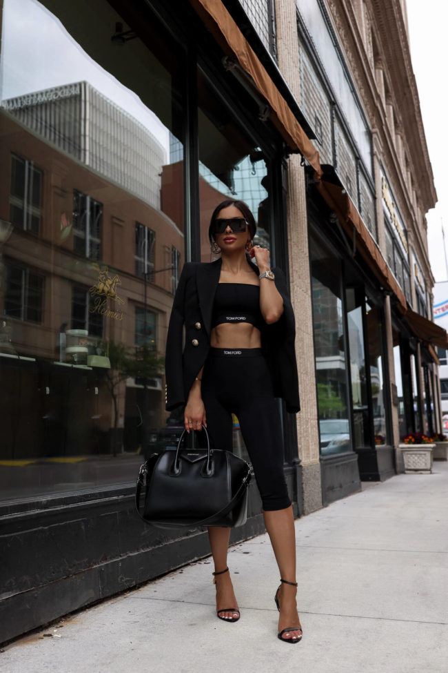 fashion blogger wearing a black tom ford modal set