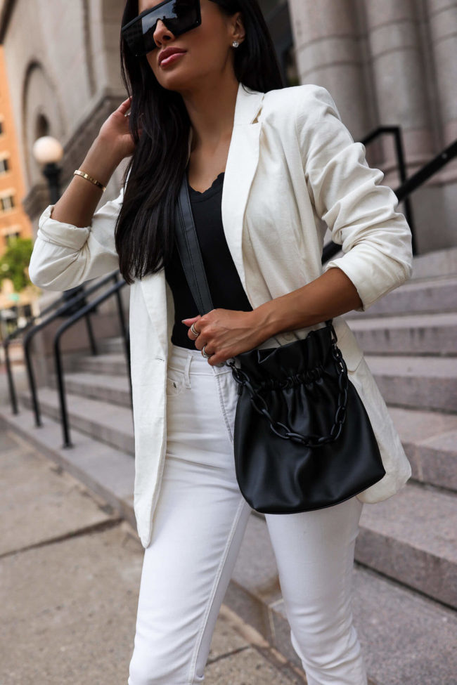fashion blogger mia mia mine wearing a white linen blazer from walmart