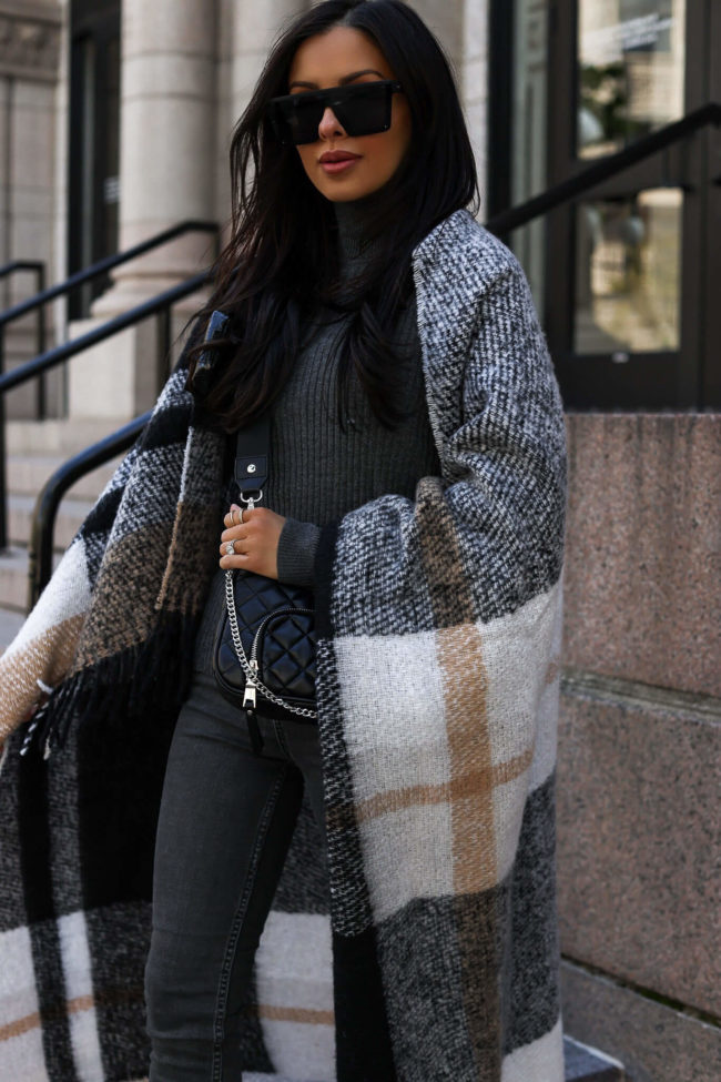 fashion blogger mia mia mine wearing a blanket scarf from walmart