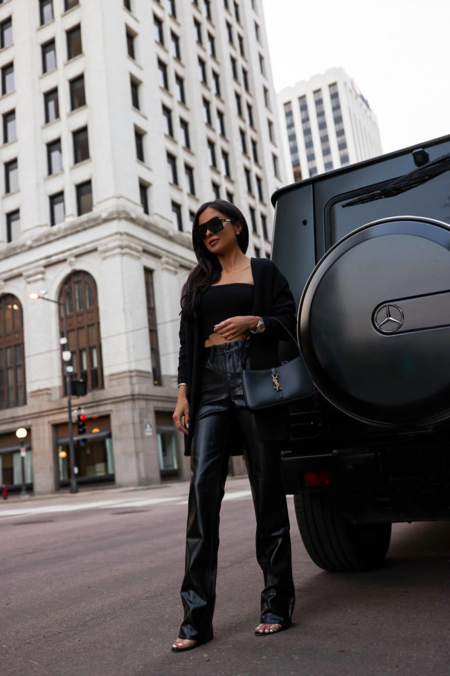 fashion blogger mia mia mine wearing faux leather pants from good american