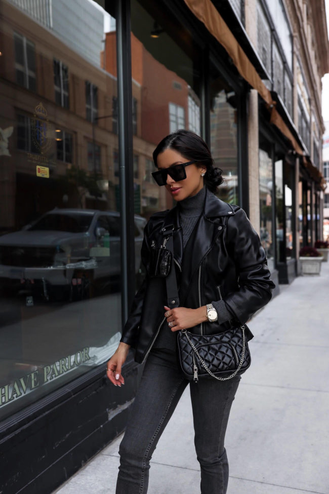fashion blogger mia mia mine wearing a faux leather jacket by scoop from walmart