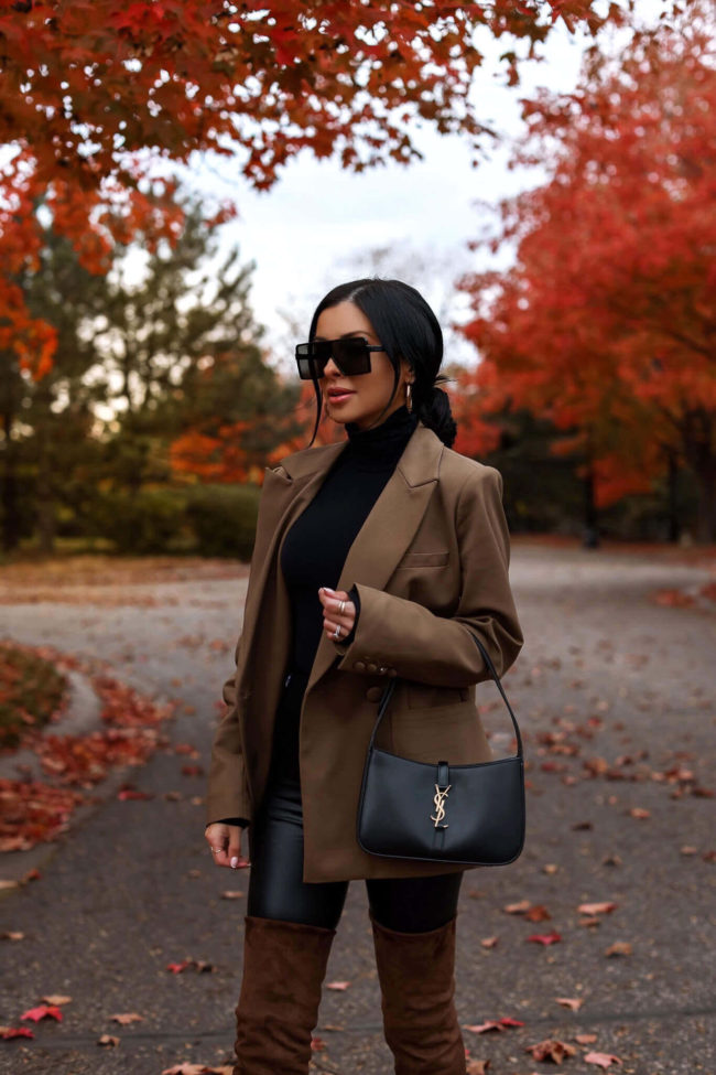fashion blogger mia mia mine wearing a brown blazer by good american from nordstrom