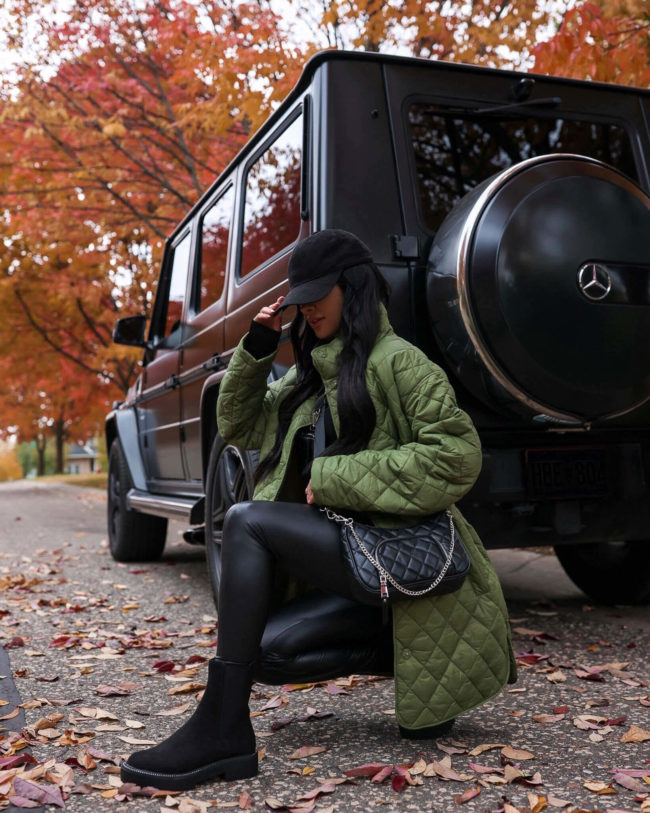fashion blogger mia mia mine wearing a quilted puffer jacket from walmart
