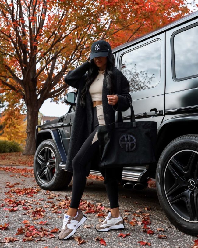 fashion blogger wearing an anine bing workout set