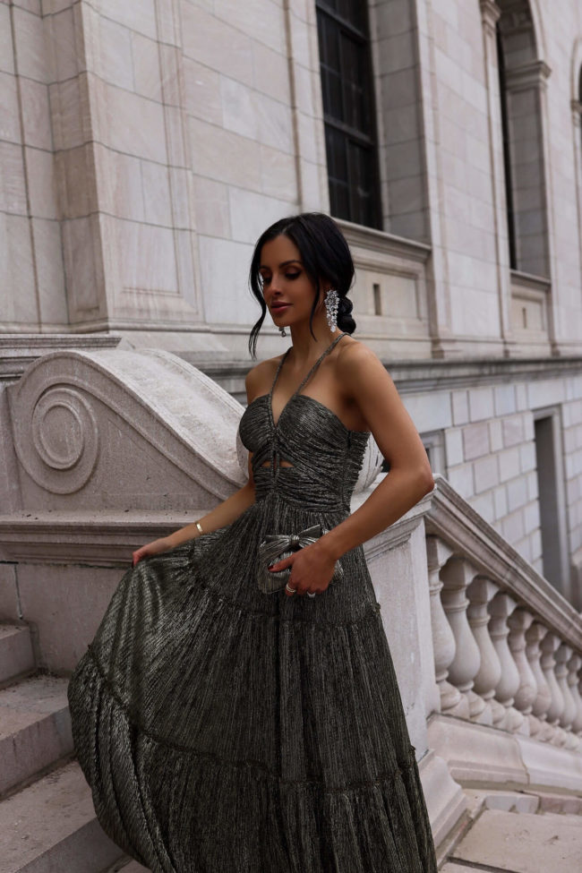 fashion blogger mia mia mine wearing a holiday dress from saks fifth avenue 2022
