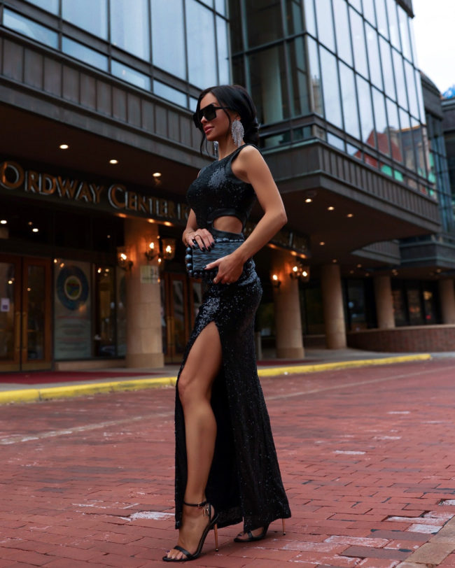 mia mia mine wearing a slit sequin gown from bloomingdale's