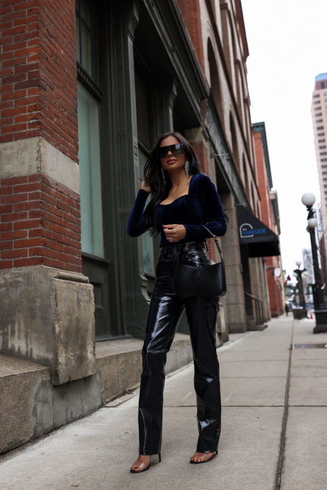 mia mia mine wearing a holiday party outfit from abercrombie