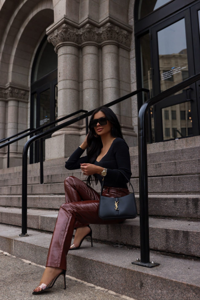 fashion blogger wearing red patent leather pants from abercrombie