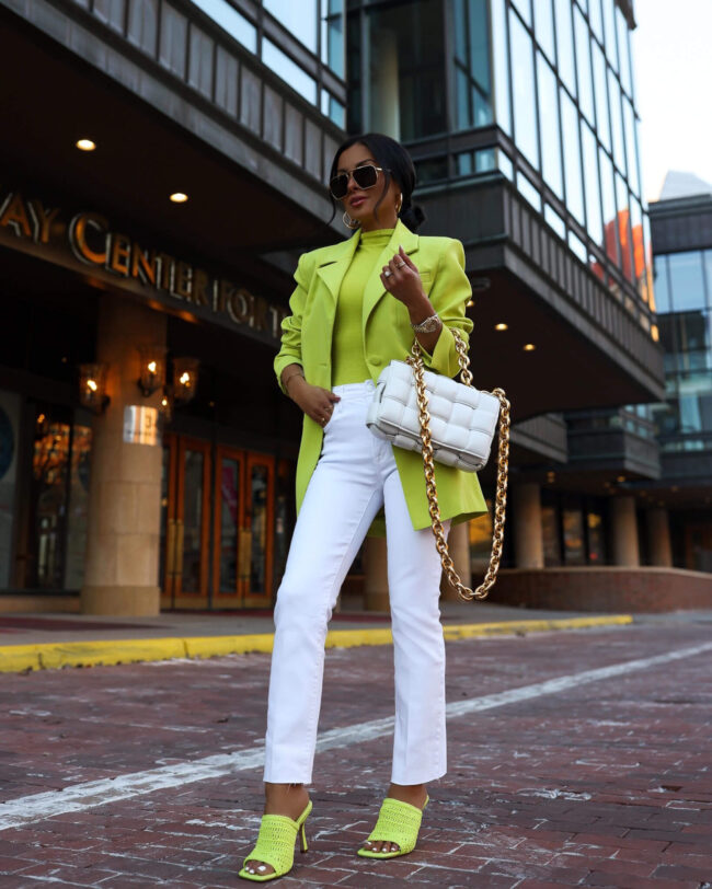 fashion blogger mia mia mine wearing a lime green blazer from nordstrom