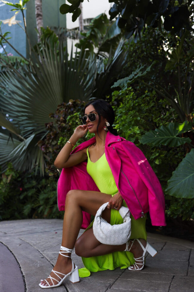 fashion blogger mia mia mine wearing a lime green dress and white lace up heels by scoop from walmart
