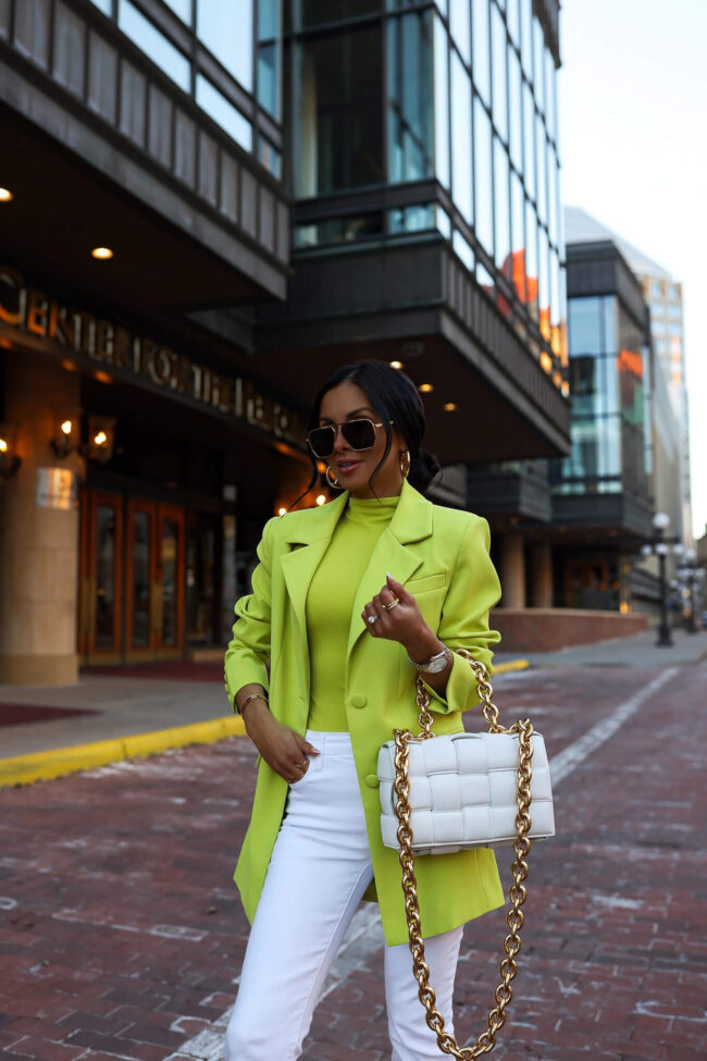 fashion blogger mia mia mine wearing a lime green bodysuit from nordstrom with a bottega veneta bag