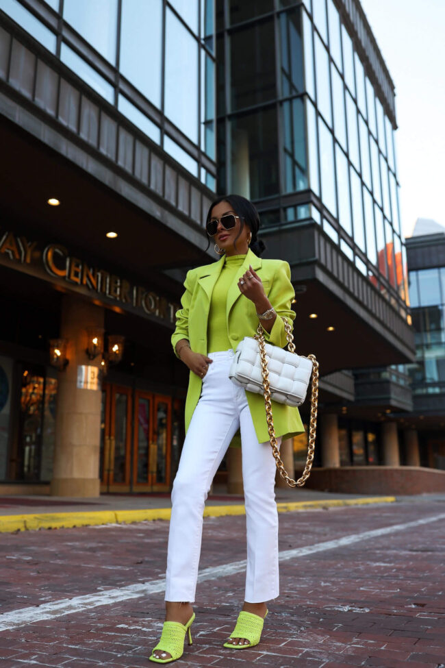 fashion blogger mia mia mine wearing a lime green blazer from nordstrom