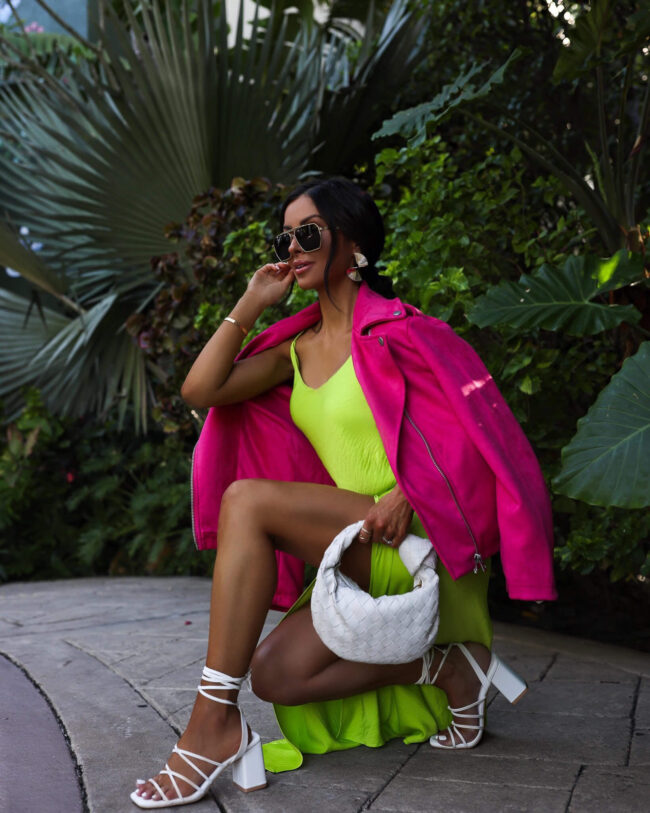 fashion blogger mia mia mine wearing a lime green dress and white lace up heels by scoop from walmart