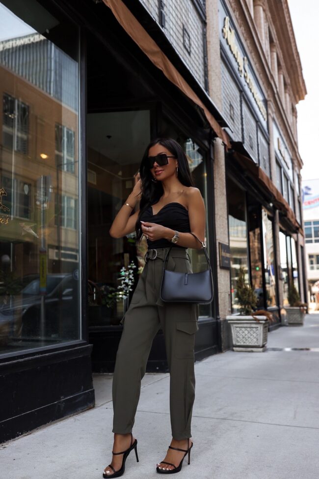 fashion blogger mia mia mine wearing green cargo pants from express