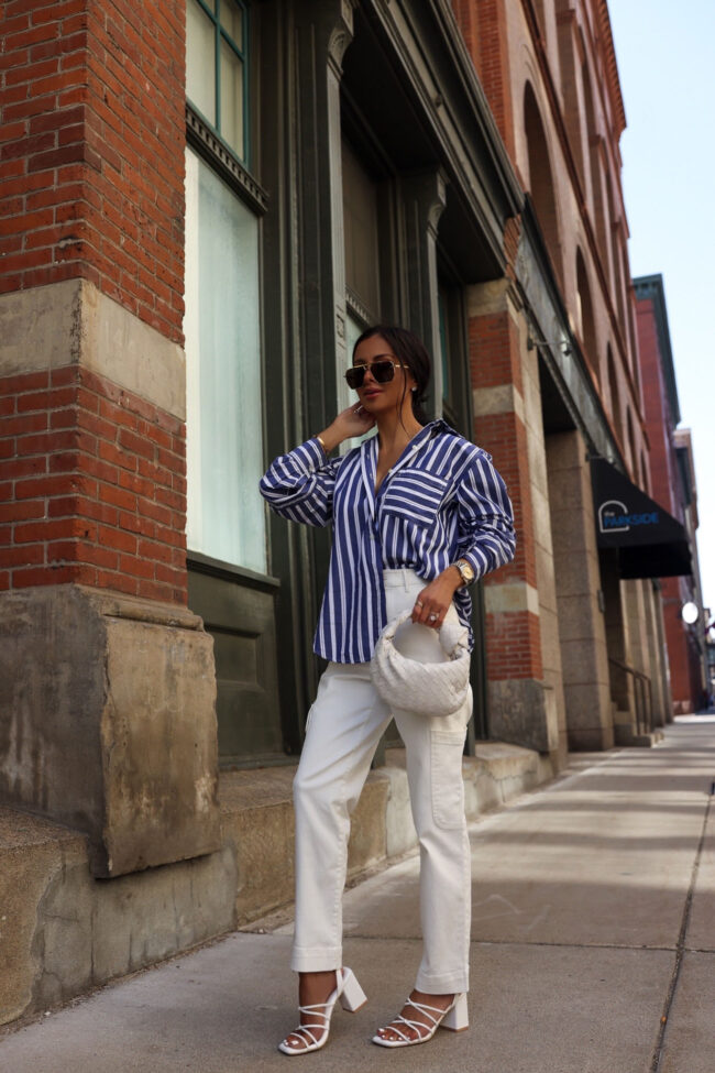 fashion blogger mia mia mine wearing a blue stripe shirt from walmart