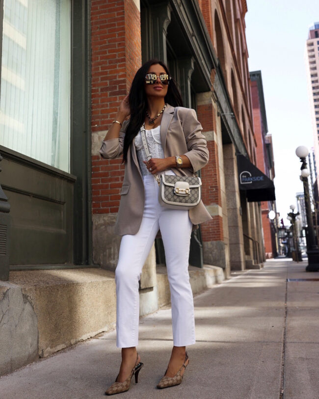 fashion blogger mia mia mine wearing a beige blazer from nordstrom