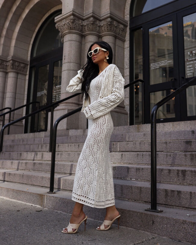 mia mia mine wearing a crochet maxi dress and crochet cardigan