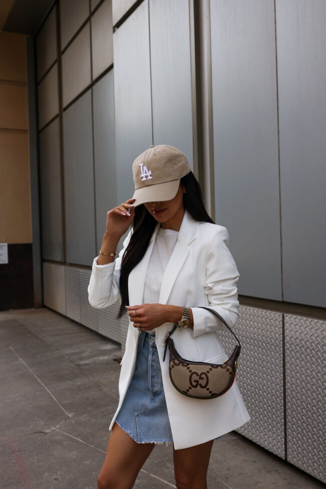 fashion blogger mia mia mine wearing a white amazon basics blazer