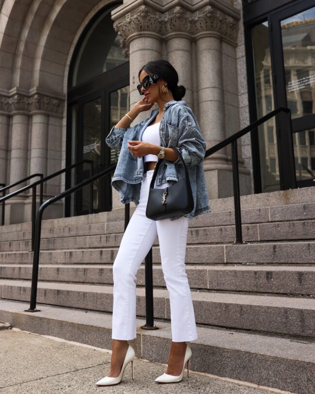 mia mia mine wearing white jeans and a denim jacket from free people