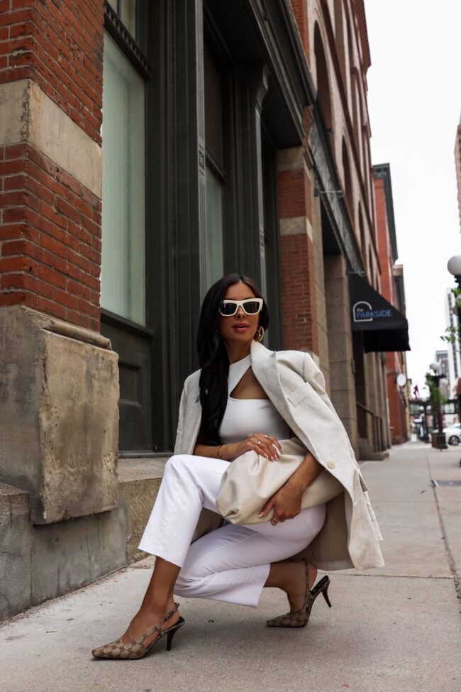 fashion blogger mia mia mine wearing white jeans and a linen blazer from mango