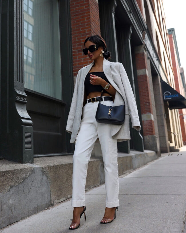 fashion blogger mia mia mine wearing a linen blazer and cargo pants