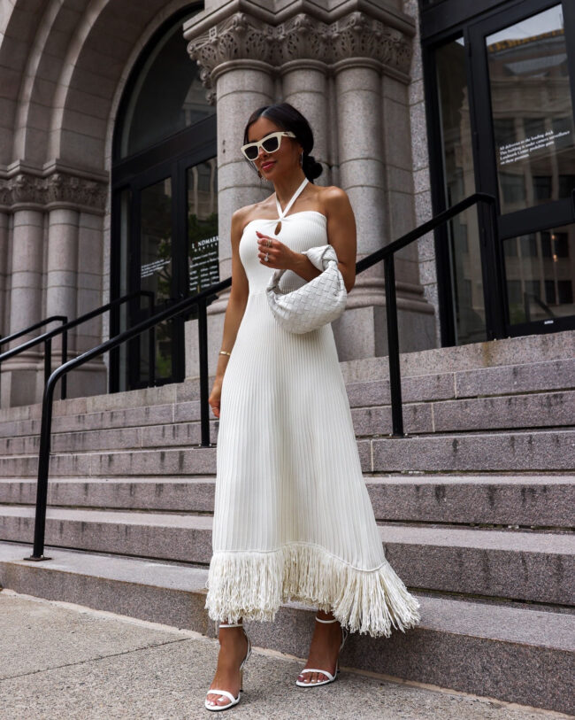 mia mia mine wearing a fringe trim maxi dress