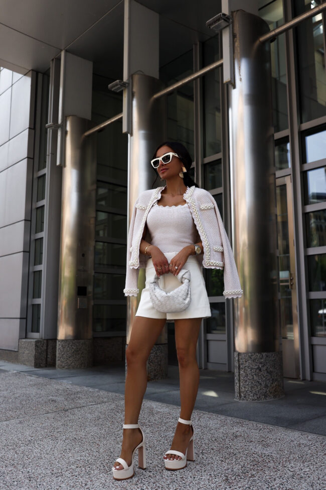 fashion blogger mia mia mine wearing a pearl cardigan set from saks fifth avenue