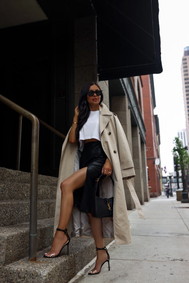 fashion blogger wearing a mango trench coat and leather skirt