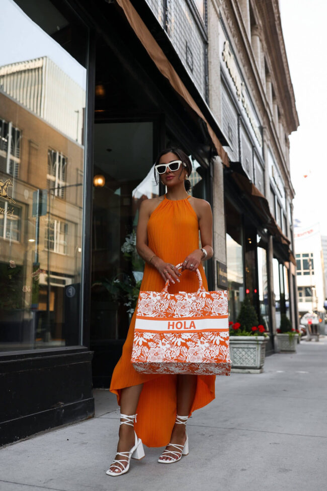 petite fashion blogger wearing an orange summer dress from walmart