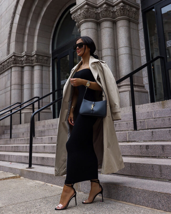 fashion blogger wearing a mango trench coat and tube dress